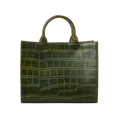 Shop Sarah Stewart Adelaide handbag in olive green embossed goat skin leather with a structured square silhouette.