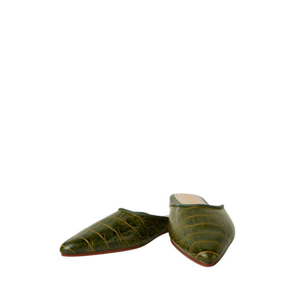 Shop Sarah Stewart Mabrey olive green crocodile printed leather pointed-toe flat mules