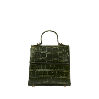 Shop Sarah Stewart The Robin olive green crocodile-embossed goat skin leather handbag with gold hardware