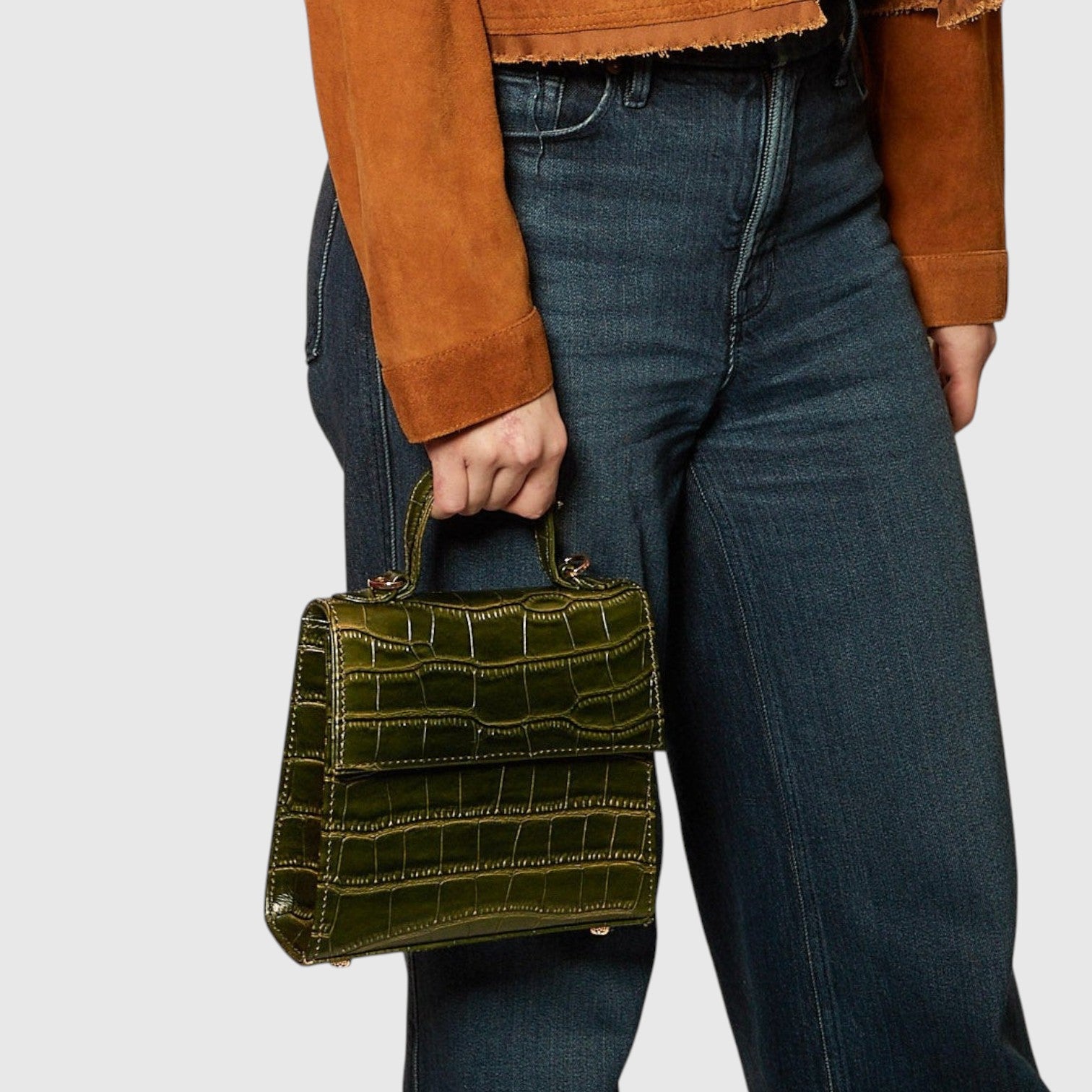 Shop Sarah Stewart The Robin handbag in olive green crocodile-embossed goat skin leather with gold hardware.