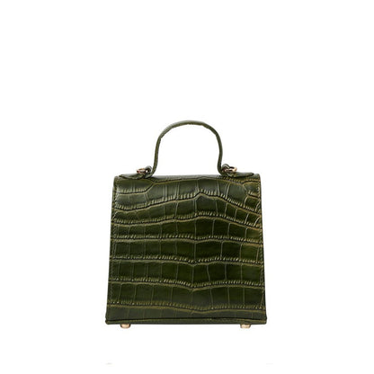 Shop Sarah Stewart The Robin handbag in olive green goat skin leather with a crocodile pattern and gold hardware.