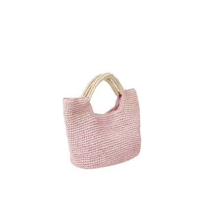 Shop Sarah Stewart The Opal pink raffia tote bag with cotton lining, interior pocket, and snap closure. Features braided handles.