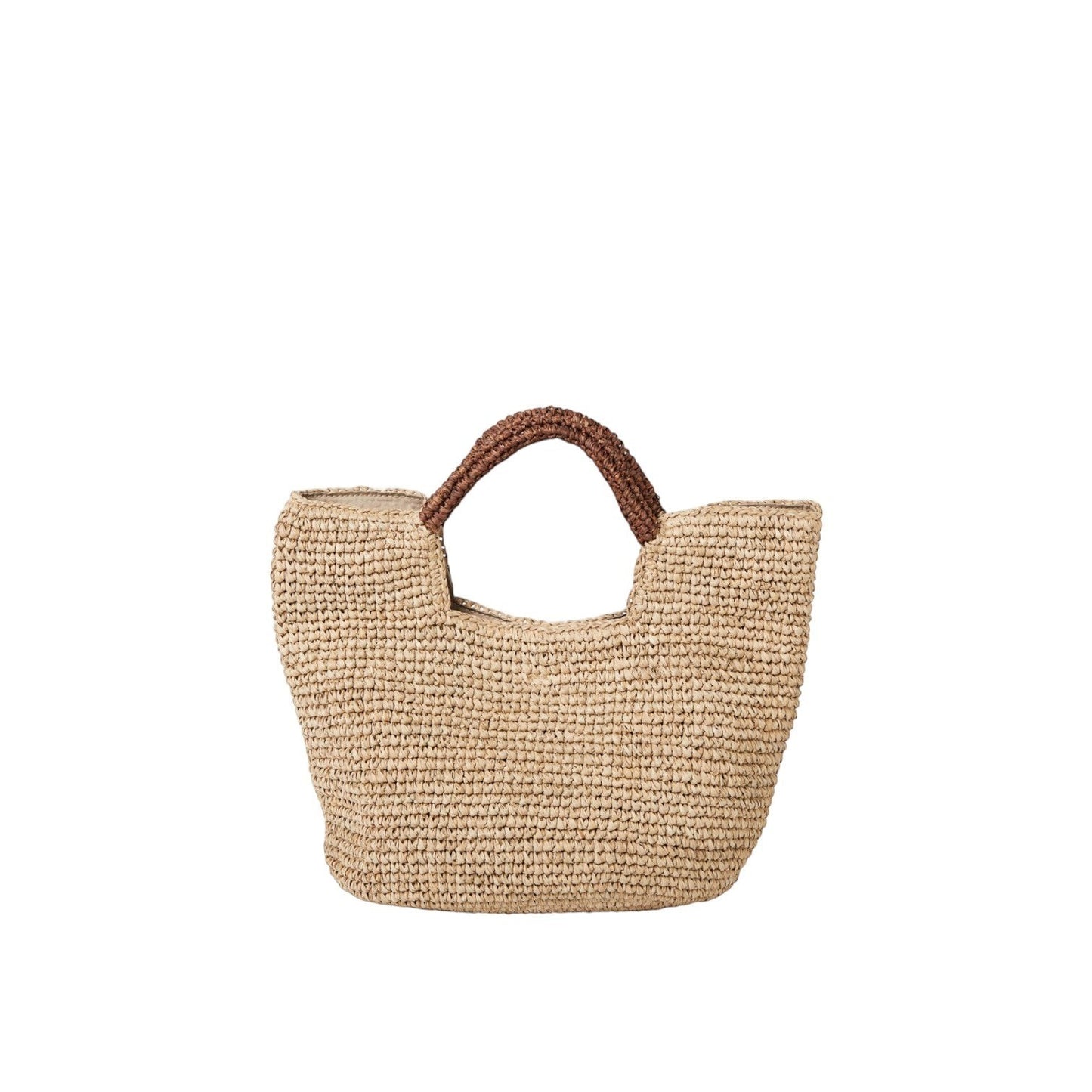 Shop Sarah Stewart The Opal natural raffia tote bag with brown handles and cotton lining. Features interior pocket and snap closure.