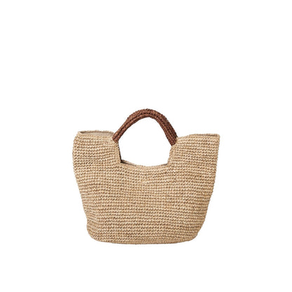 Shop Sarah Stewart The Opal natural raffia tote bag with brown handles and cotton lining. Features interior pocket and snap closure.