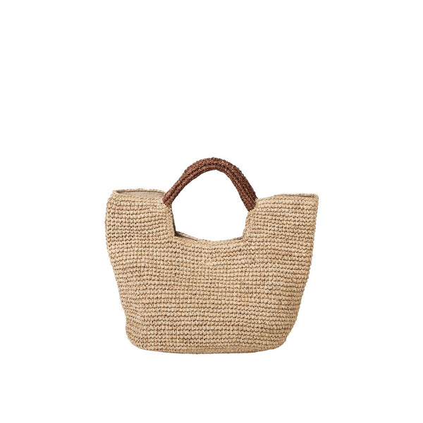 Shop Sarah Stewart The Opal natural raffia tote bag with brown handles and cotton lining. Features interior pocket and snap closure.