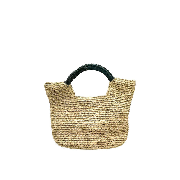 Shop Sarah Stewart The Opal natural raffia tote bag with black handles, cotton lining, interior pocket, and snap closure.