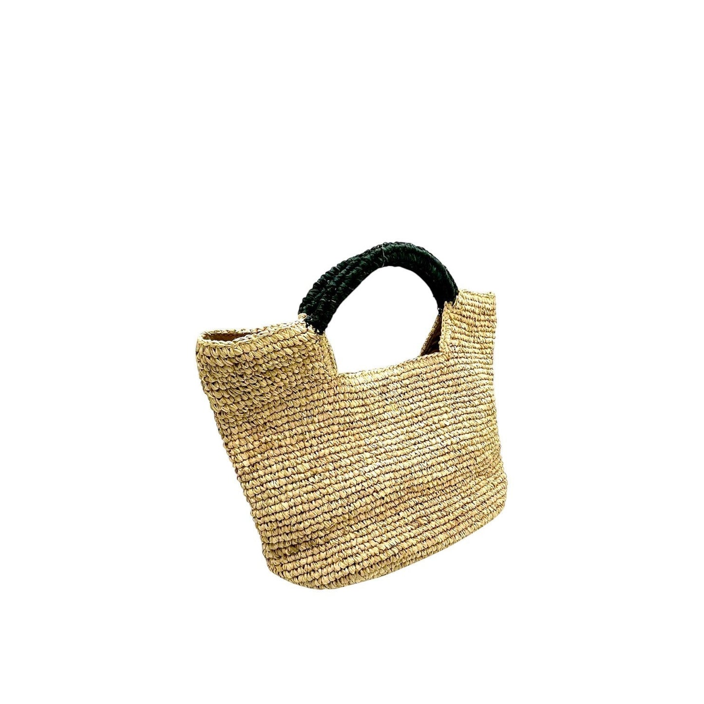 Shop Sarah Stewart The Opal raffia tote bag with black handles, cotton lining, and snap closure.