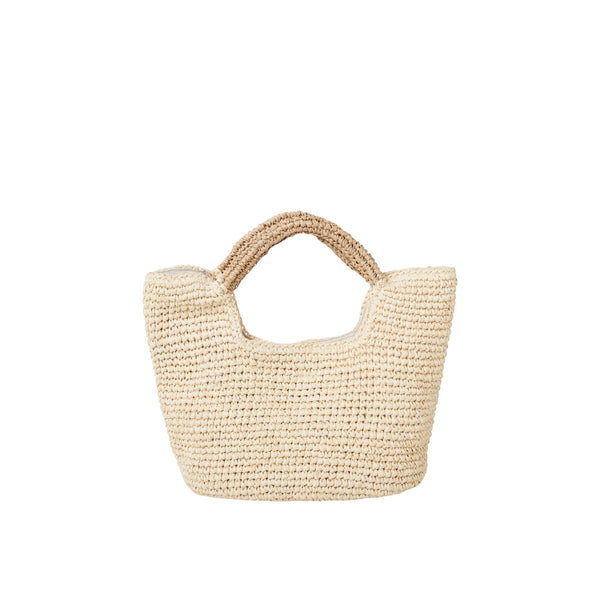 Shop Sarah Stewart The Opal natural raffia tote bag with cotton lining, interior pocket, and snap closure. Tan braided handles.
