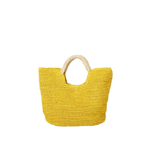 Shop Sarah Stewart The Opal yellow raffia tote bag with cotton lining, interior pocket, and snap closure.