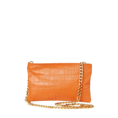 Shop Sarah Stewart Penelope orange lambskin leather clutch with croc-embossed texture and gold chain strap