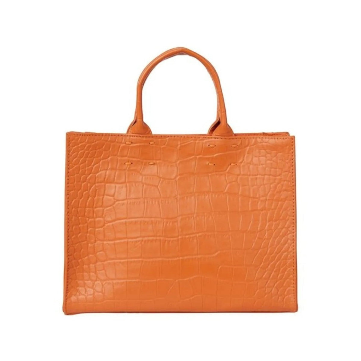 Shop Sarah Stewart Adelaide handbag in orange embossed goat skin leather with a structured rectangular silhouette.