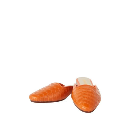 Shop Sarah Stewart Clara mule in bright orange embossed goat skin leather with a vintage-inspired square toe.