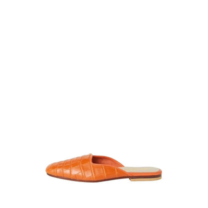 Shop Sarah Stewart Clara mule in orange embossed goat skin leather with a vintage-inspired square toe design.
