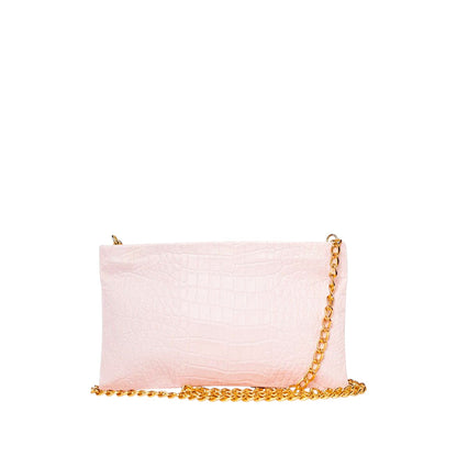 Shop Sarah Stewart Penelope light pink lambskin leather croc-embossed clutch with a gold chain strap.