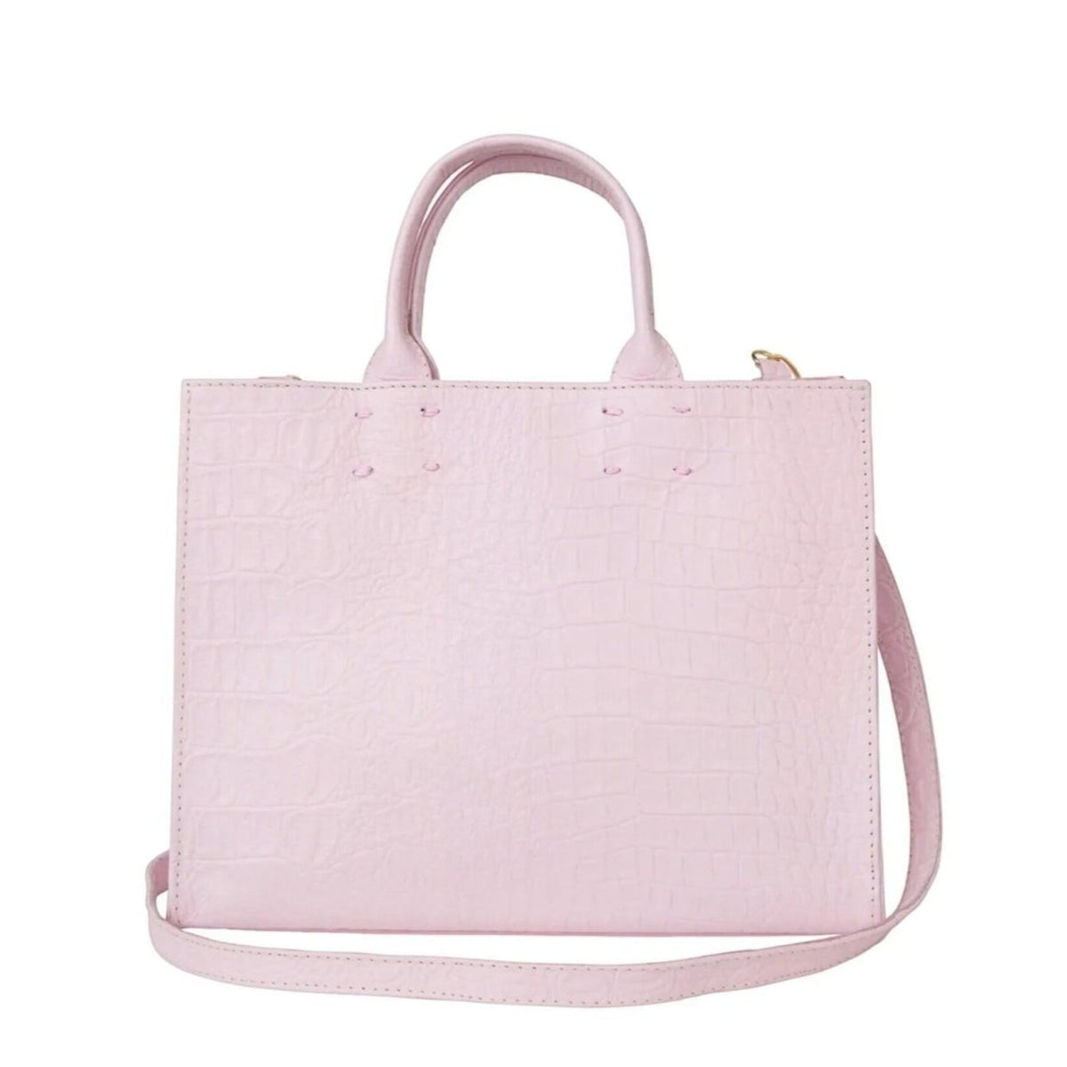 Shop Sarah Stewart Adelaide handbag in light pink embossed goat skin leather with a detachable crossbody strap.