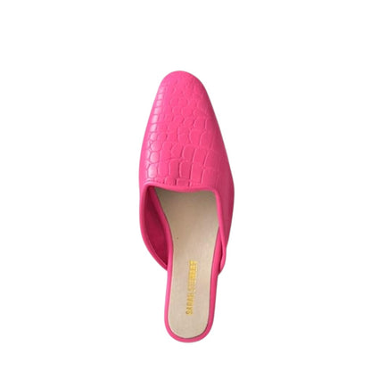 Shop Sarah Stewart Clara mule in hot pink embossed goat skin leather with a vintage-inspired square toe design.