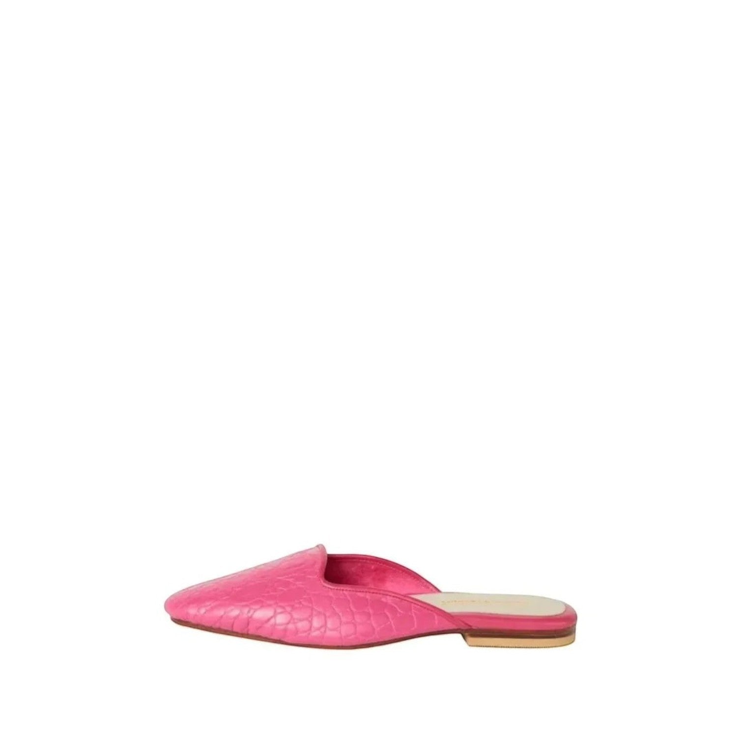 Shop Sarah Stewart Clara mule in hot pink embossed goat skin leather with a vintage-inspired square toe design.