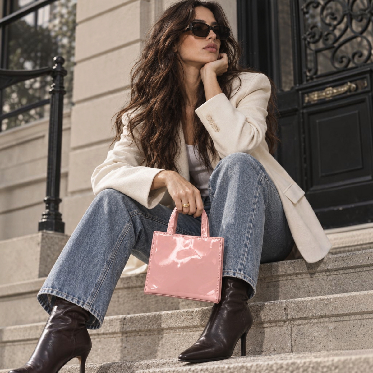 Shop Sarah Stewart Addie mini handbag in glossy pink patent leather held by a woman in a blazer and jeans on steps