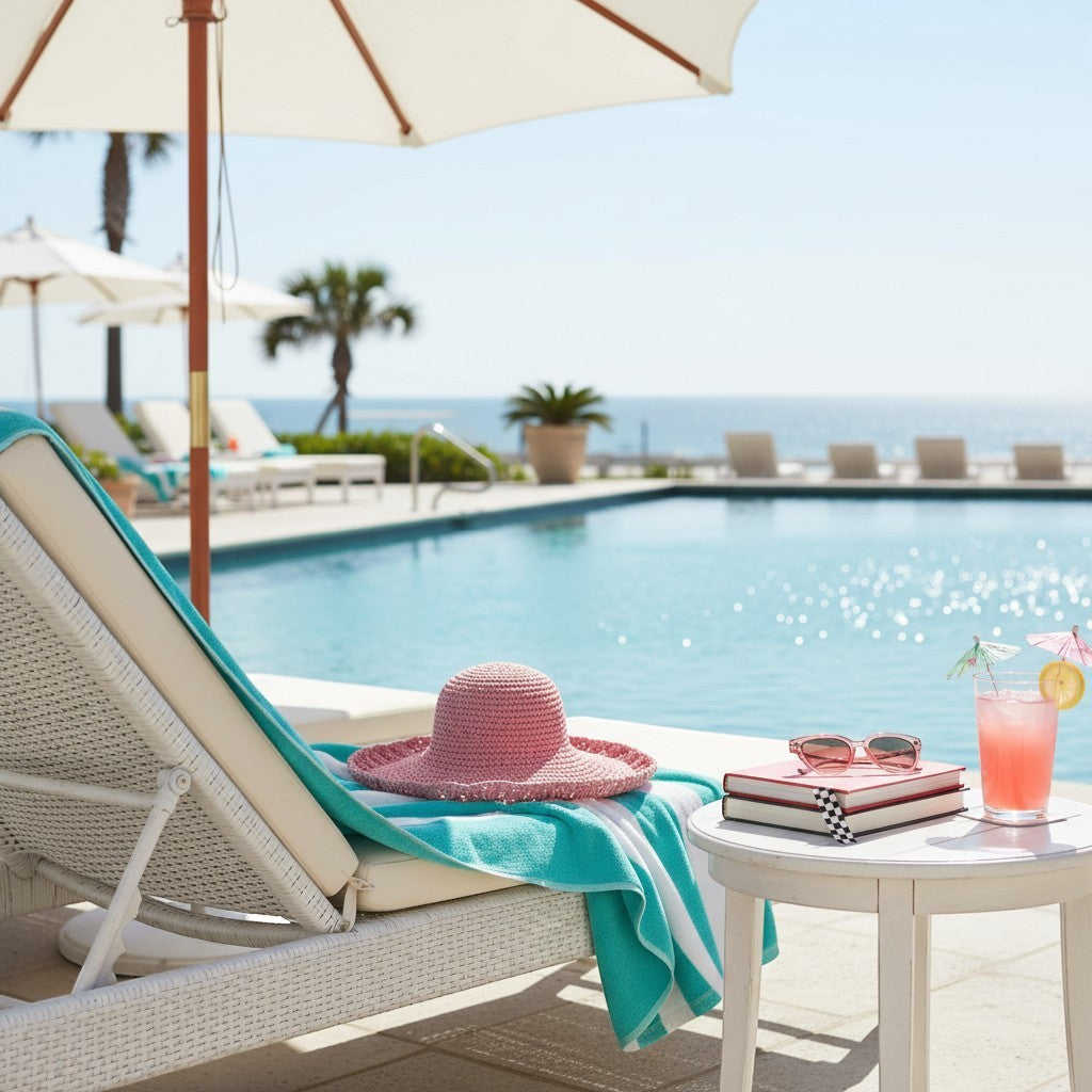 Shop Sarah Stewart Sydney Sun Hat in pink raffia resting on a poolside lounge chair with a towel and drink.