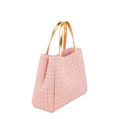 Shop Sarah Stewart Delilah pink tweed tote bag with metallic gold leather handles and trim