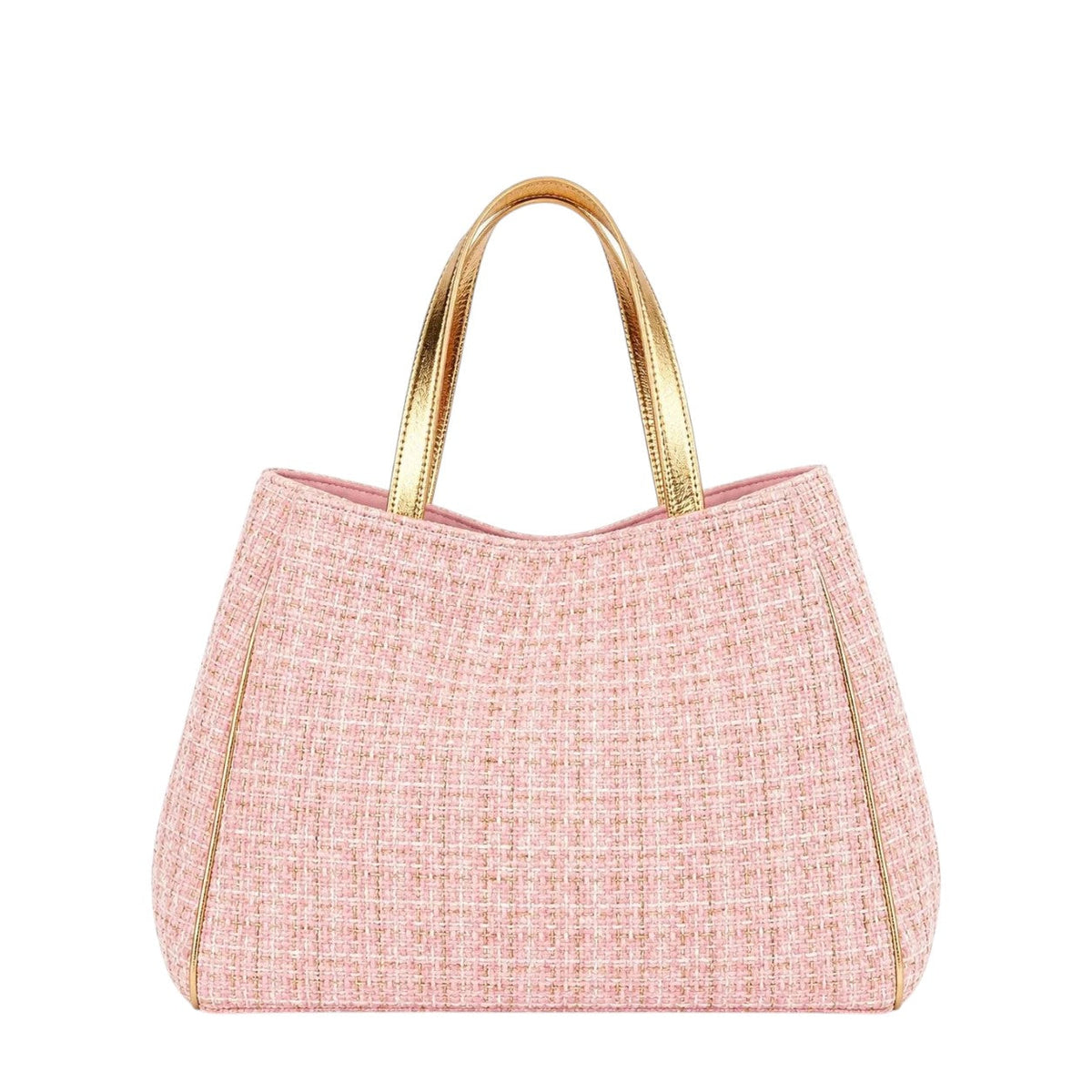 Shop Sarah Stewart Delilah pink tweed tote bag with metallic gold leather handles and trim