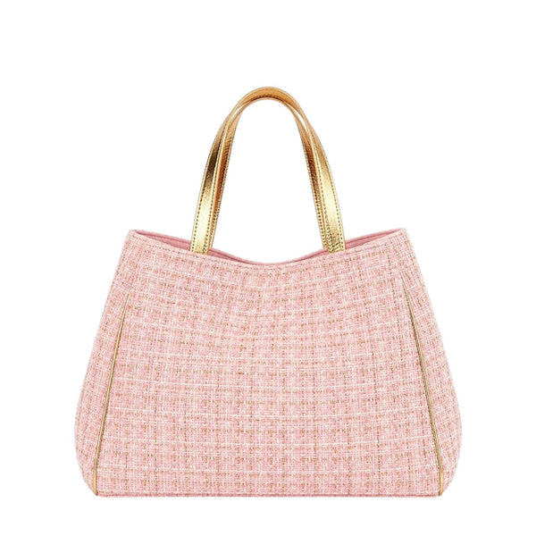 Shop Sarah Stewart Delilah pink tweed tote bag with metallic gold leather handles and trim