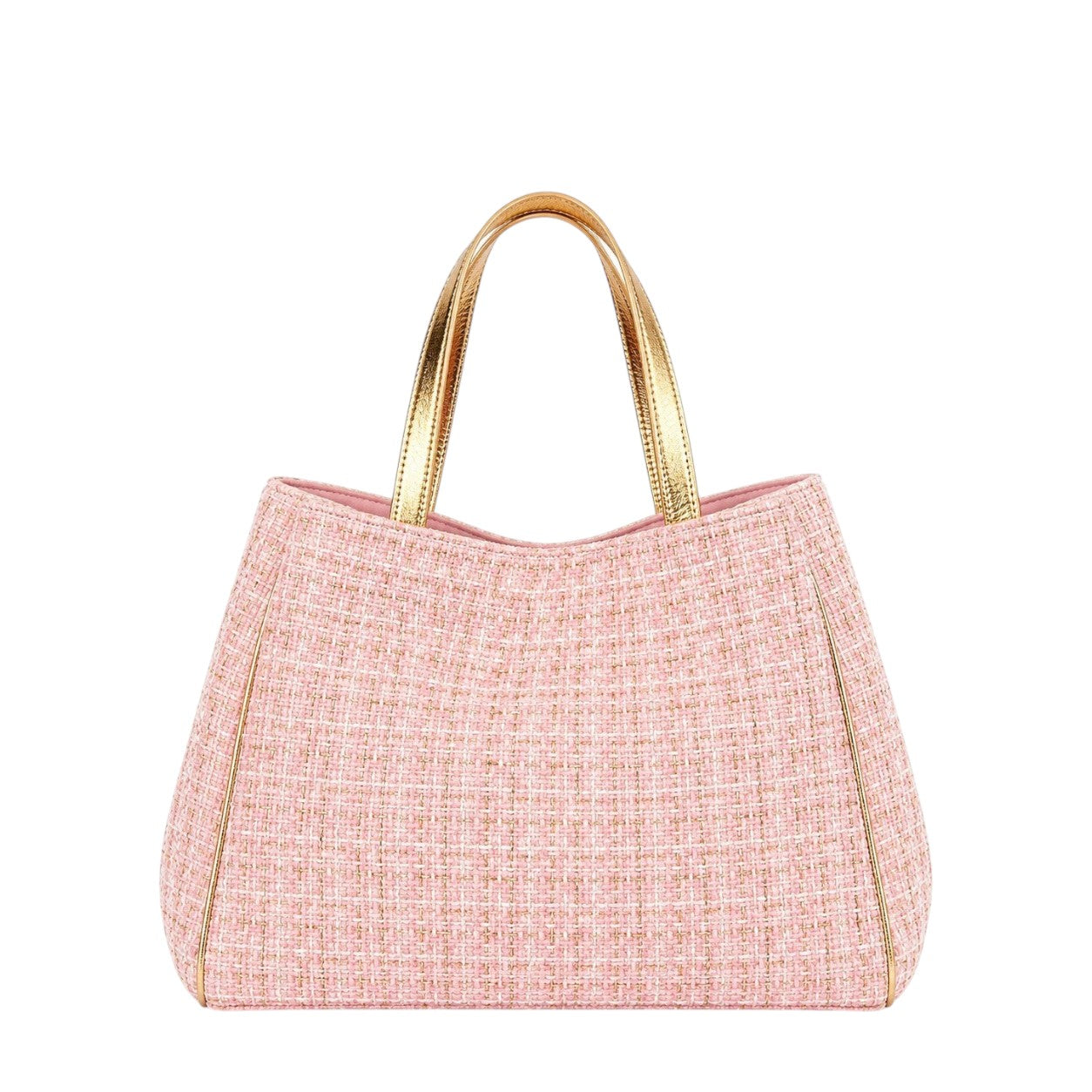 Shop Sarah Stewart Delilah pink tweed tote bag with metallic gold leather handles and trim