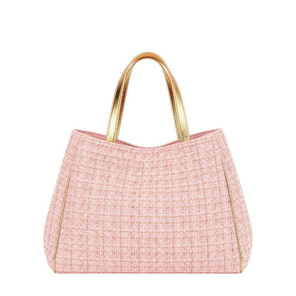 Shop Sarah Stewart Delilah pink tweed tote bag with metallic gold leather handles and trim