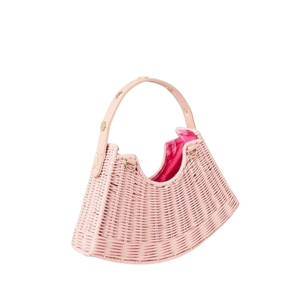 Shop Sarah Stewart pink handwoven wicker crescent bag with leather strap and gold floral accents