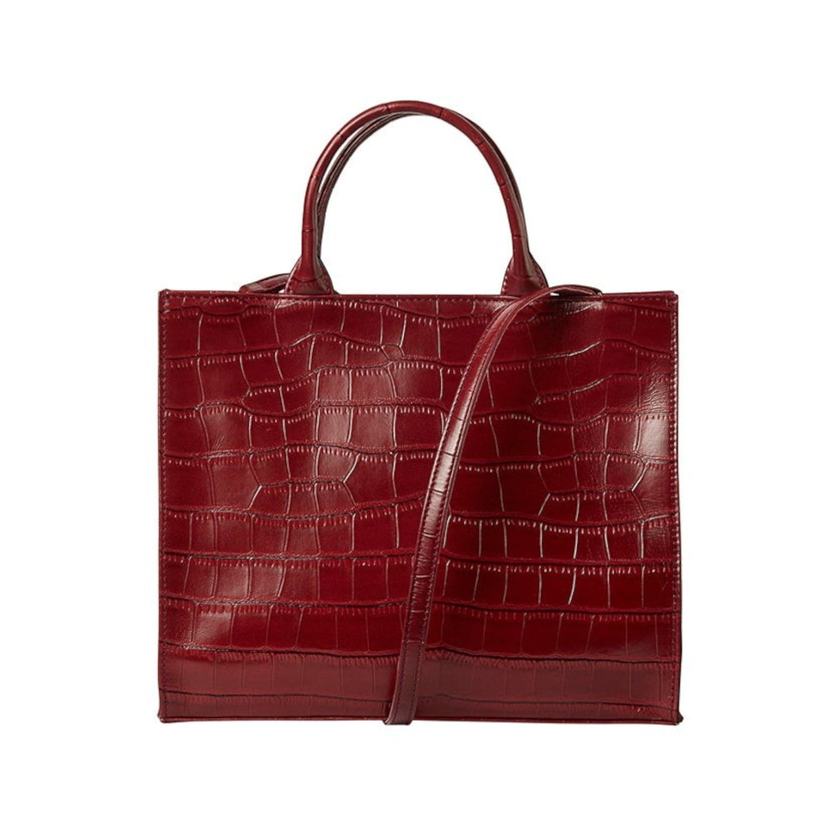 Shop Sarah Stewart Adele handbag in deep red embossed croc lambskin leather with structured frame and shoulder strap