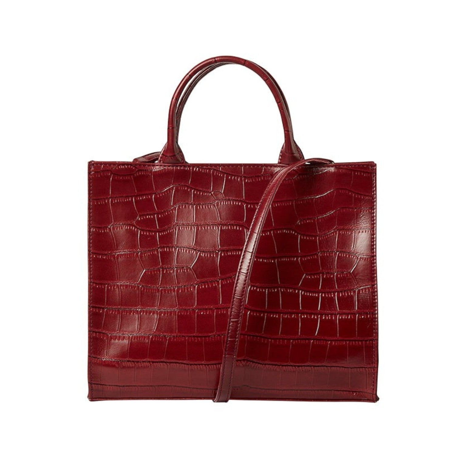 Shop Sarah Stewart Adele handbag in deep red embossed croc lambskin leather with structured frame and shoulder strap