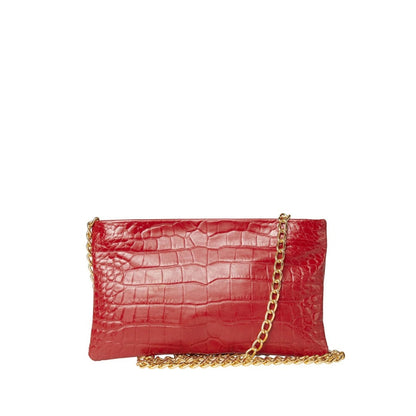 Shop Sarah Stewart red lambskin leather croc-embossed clutch with a gold chain strap on a white background.