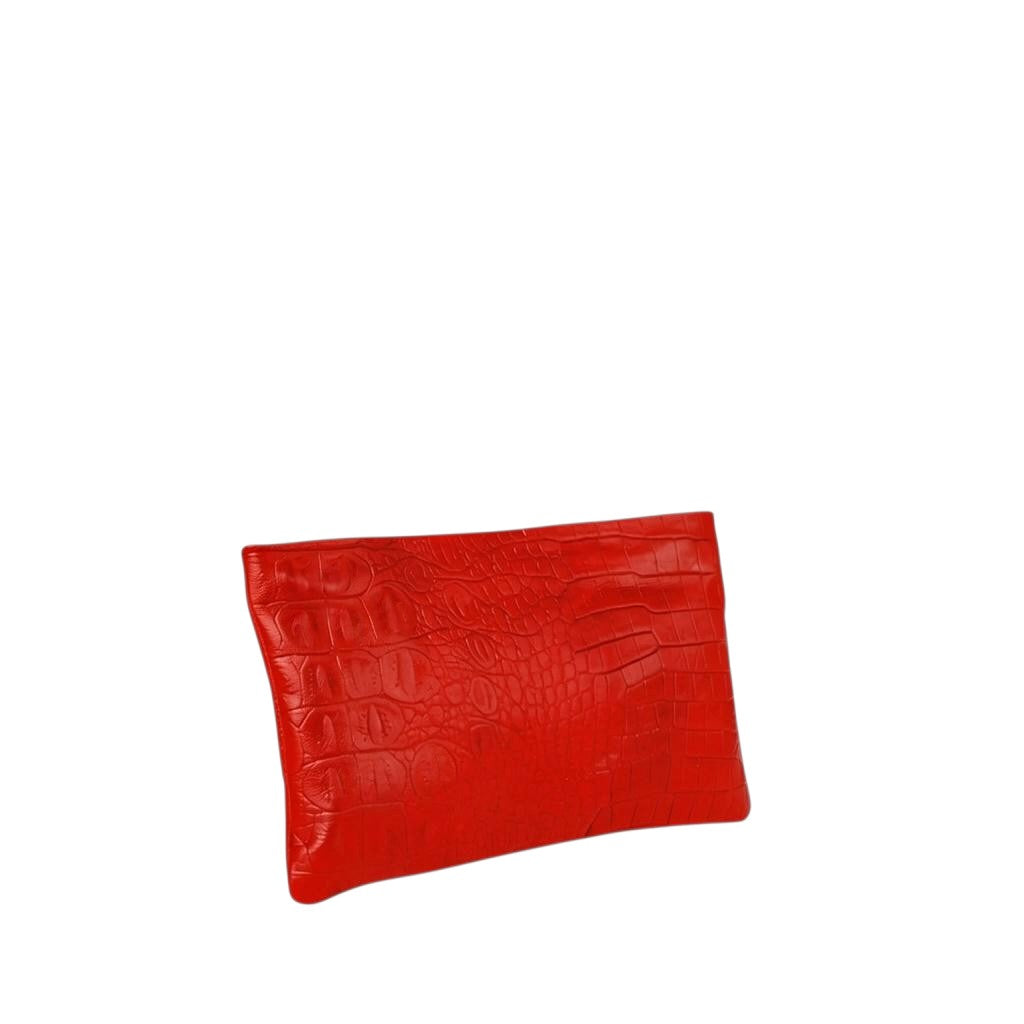 Shop Sarah Stewart red lambskin leather Penelope croc-embossed clutch with zipper closure and removable straps.
