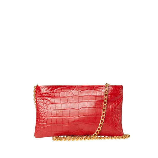 Shop Sarah Stewart red croc-embossed lambskin leather clutch with a gold chain strap and suede interior.