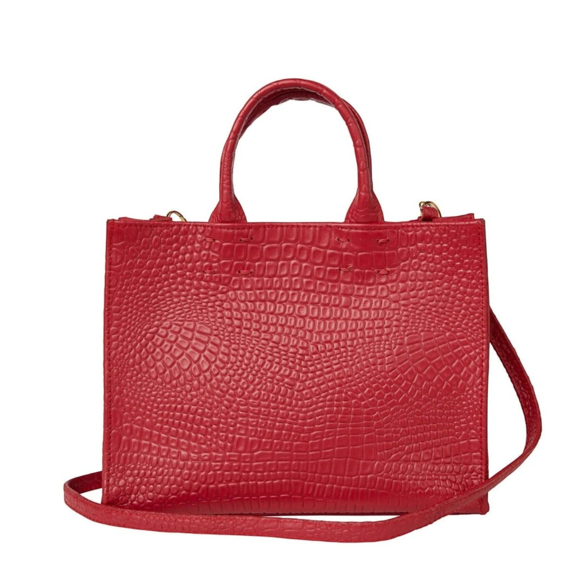 Shop Sarah Stewart red Adelaide handbag in embossed goat skin leather with a detachable crossbody strap