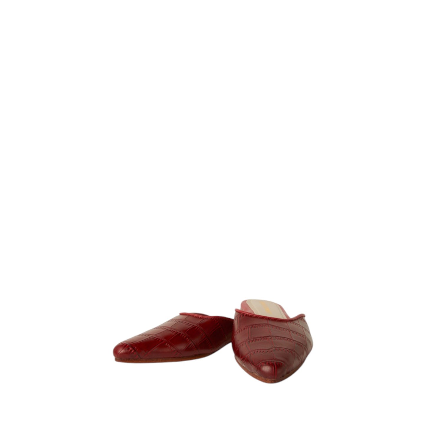 Shop Sarah Stewart Mabrey pointed-toe mules in deep red crocodile-printed leather with a flat slip-on design.