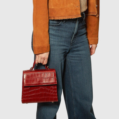 Shop Sarah Stewart The Robin handbag in deep red crocodile-embossed goat skin leather with gold hardware