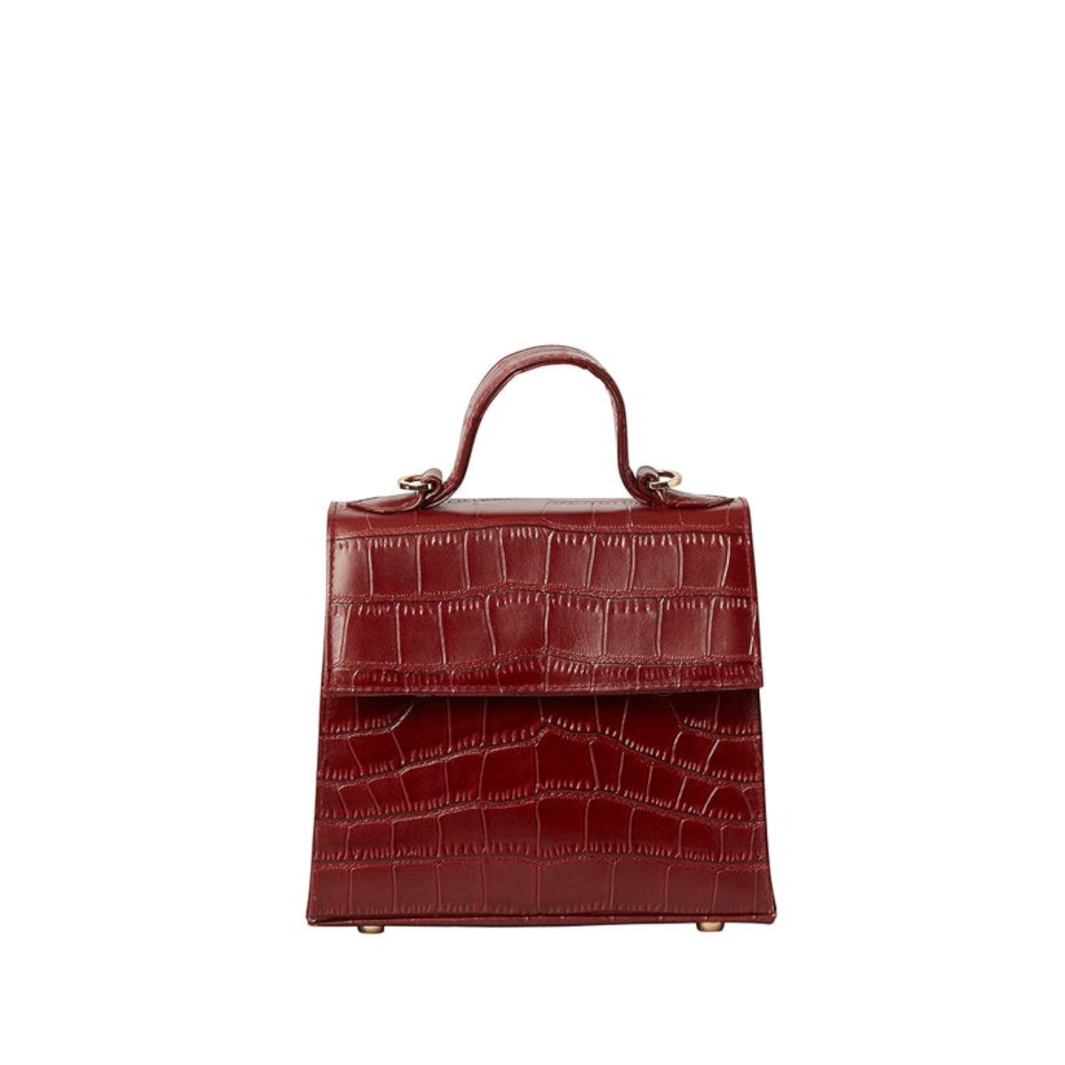 Shop Sarah Stewart The Robin handbag in deep red goat skin leather with a crocodile pattern and gold hardware