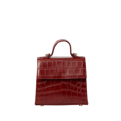 Shop Sarah Stewart The Robin handbag in deep red goat skin leather with a crocodile pattern and gold hardware