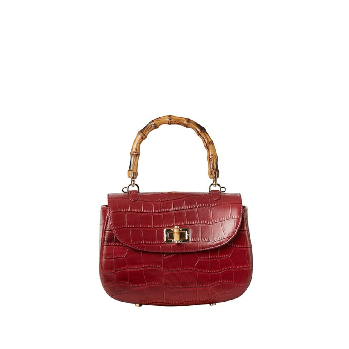 Shop Sarah Stewart Chloe handbag in red embossed goat skin suede with a bamboo handle and gold bamboo-style closure.