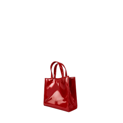 Shop Sarah Stewart Addie mini handbag in glossy red patent leather with a structured silhouette.