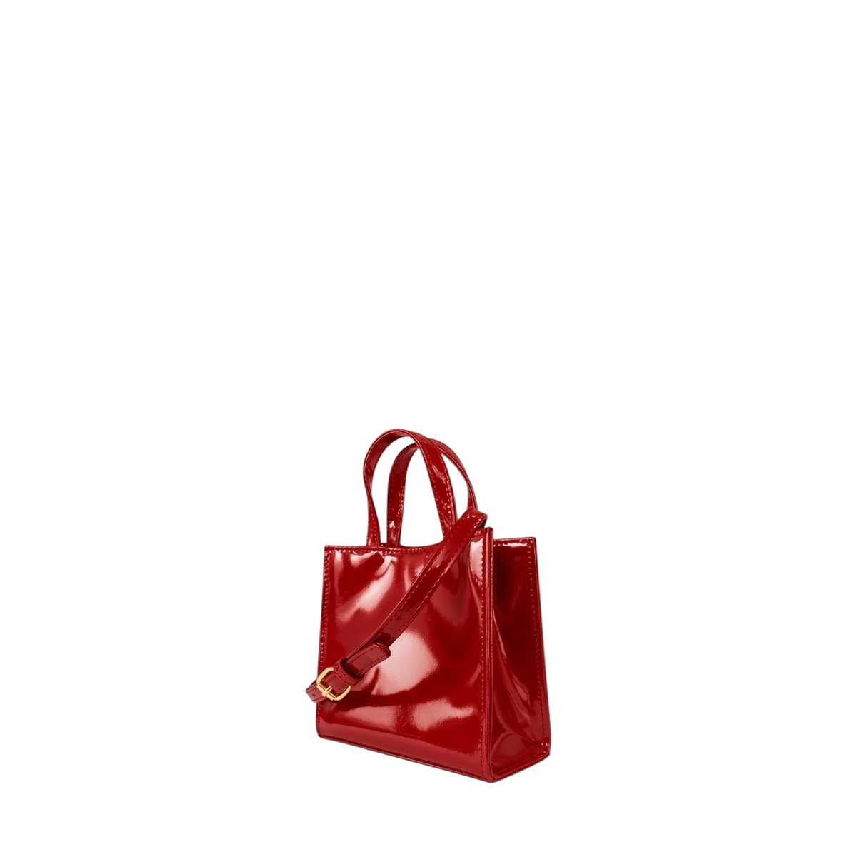 Shop Sarah Stewart Addie mini handbag in glossy red patent leather with structured silhouette and gold hardware