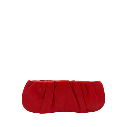 Shop Sarah Stewart red pleated lambskin leather clutch bag with a hidden metal closure for evening events.