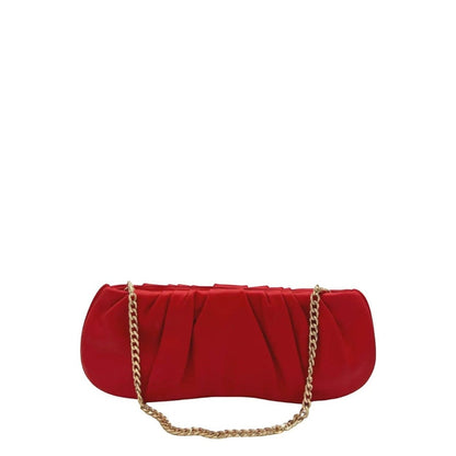 Shop Sarah Stewart red pleated lambskin leather clutch with a gold-tone chain strap for evening wear.