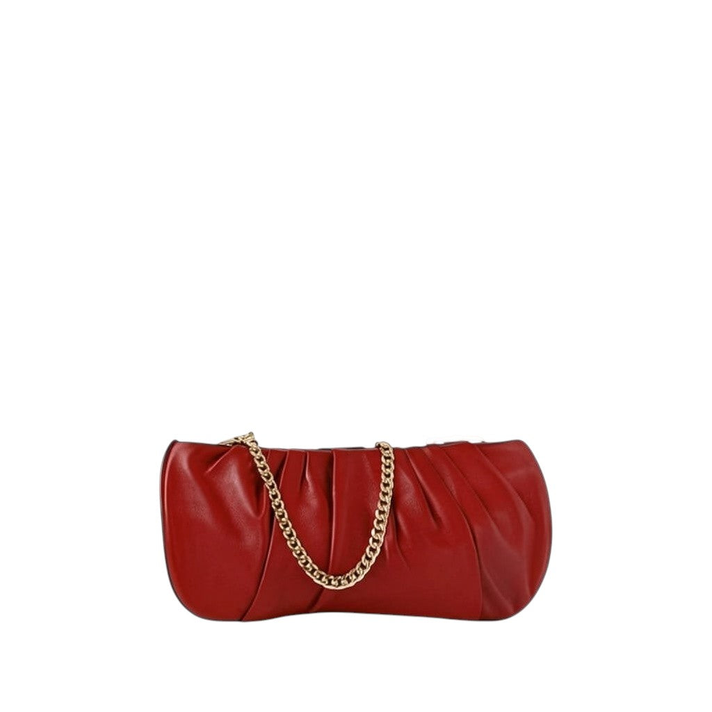 Shop Sarah Stewart red pleated lambskin leather evening bag with a gold-tone chain strap and hidden metal closure.