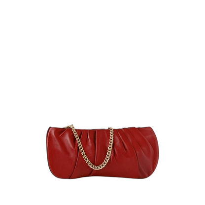 Shop Sarah Stewart red pleated lambskin leather evening bag with a gold-tone chain strap and hidden metal closure.