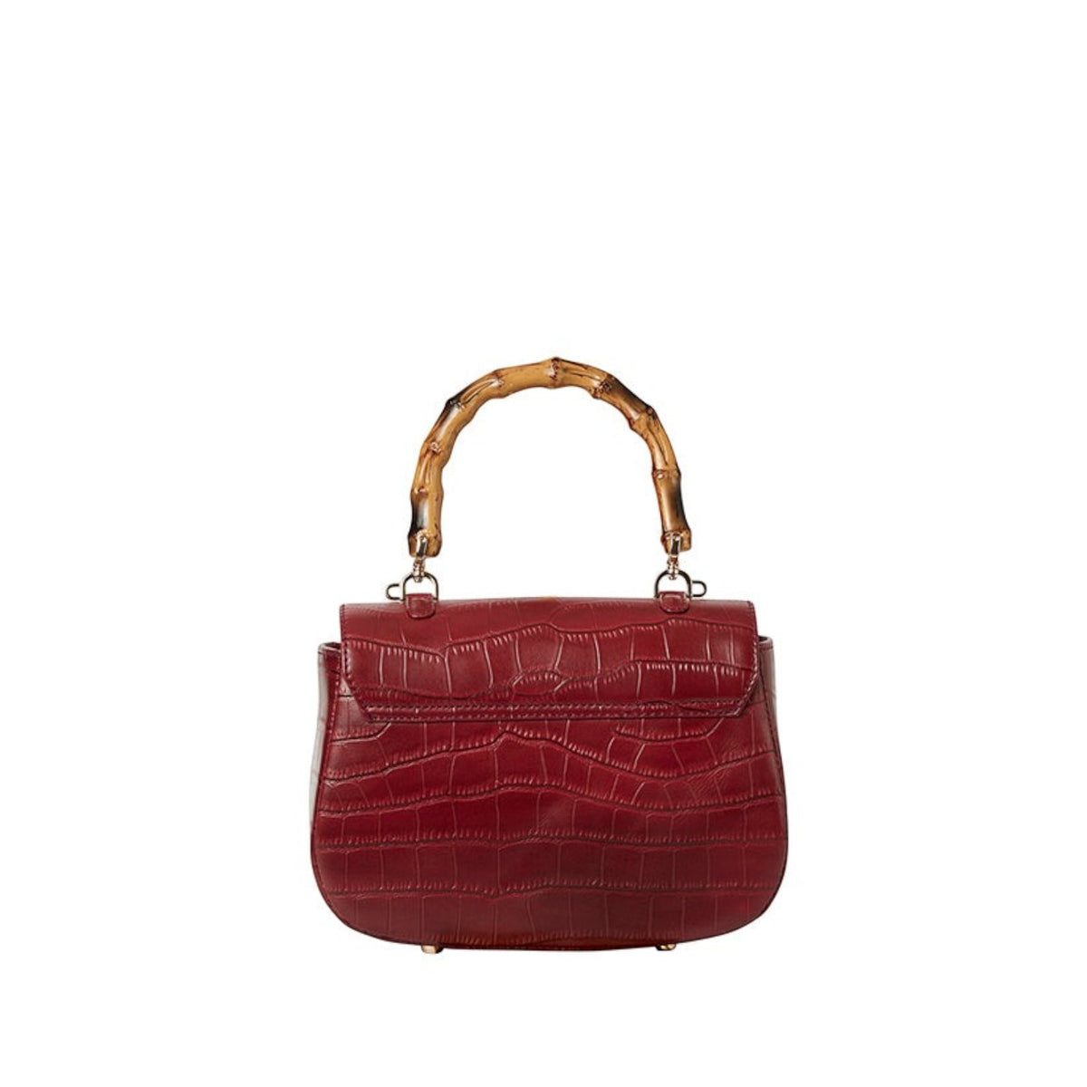 Shop Sarah Stewart Chloe handbag in red embossed goat skin suede with a bamboo handle and gold closure.