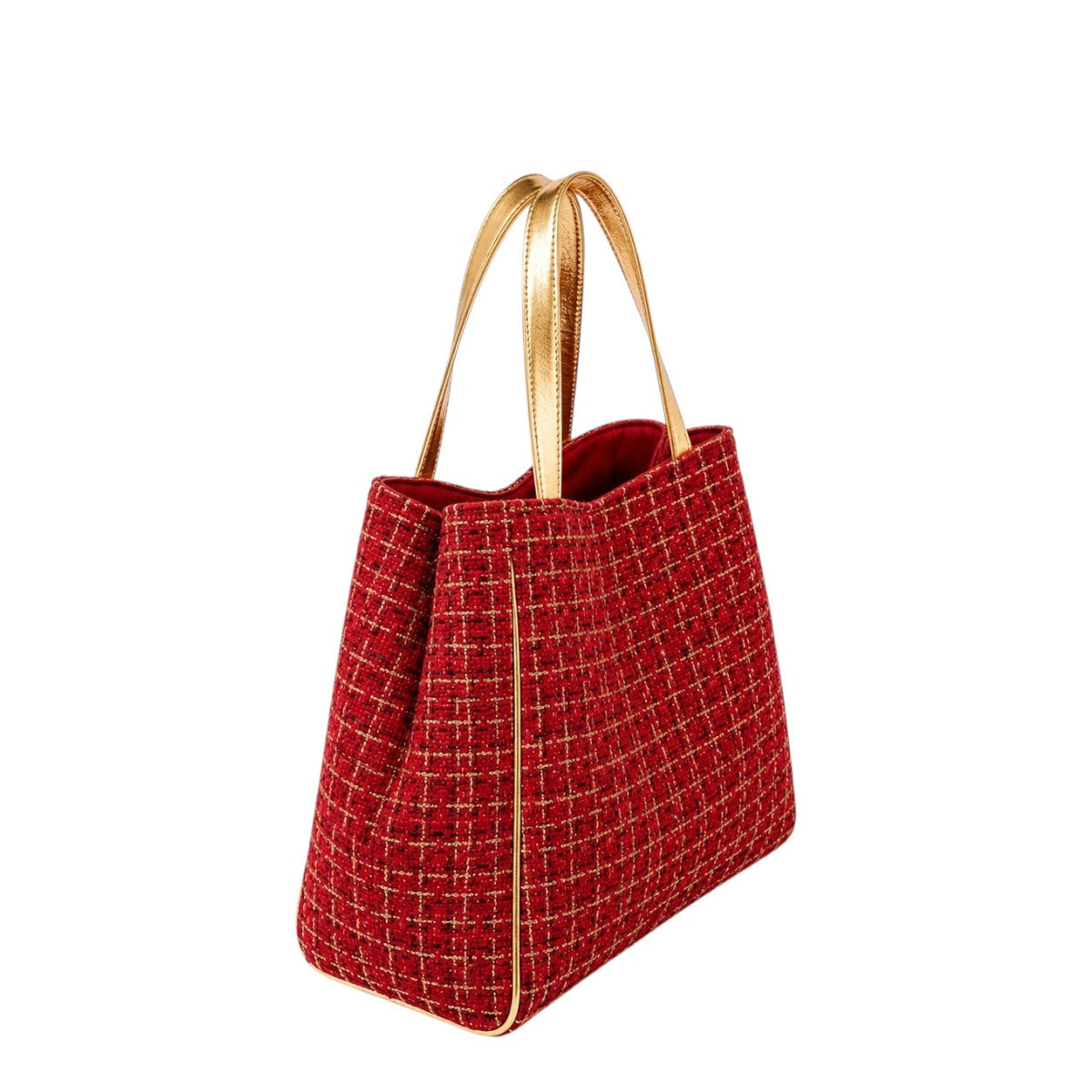 Shop Sarah Stewart Delilah red tweed tote bag with gold leather handles and trim on a white background
