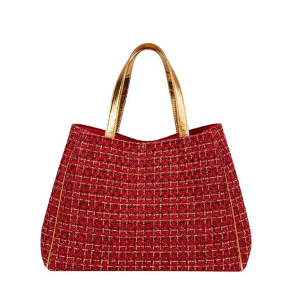 Shop Sarah Stewart Delilah red tweed tote bag with metallic gold leather handles and trim