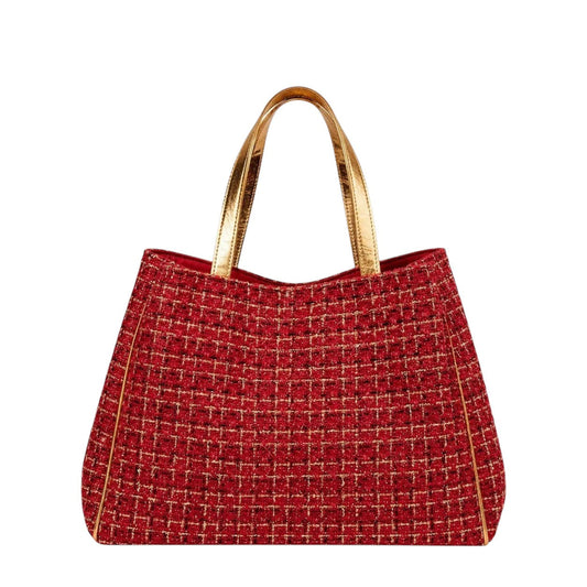 Shop Sarah Stewart Delilah red tweed tote bag with metallic gold leather handles and trim